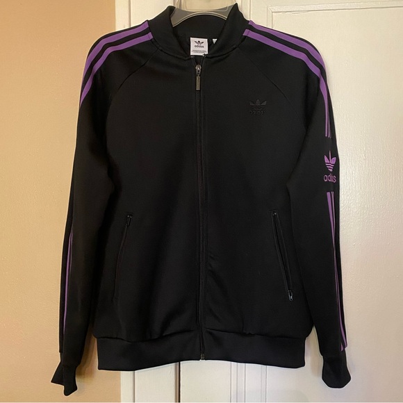 adidas Jackets & Blazers - Black Adidas Track Jacket with purple stripes. Adult medium. EUC.